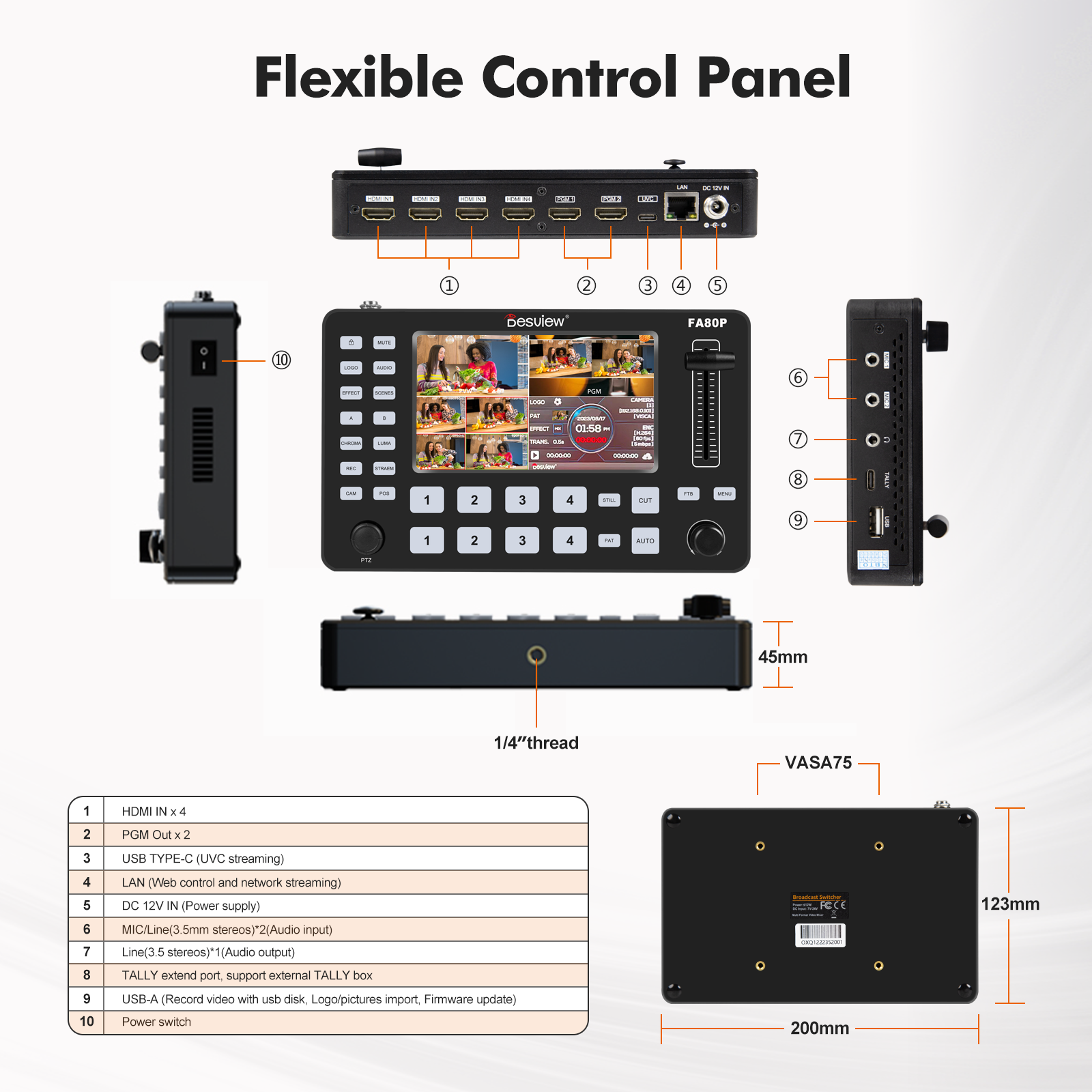 Desview FA80P Video Mixer Switcher Multi Camera Video Mixer Switcher with USB2.0 Recording PTZ Controller Chroma Key 4 4K HDMI