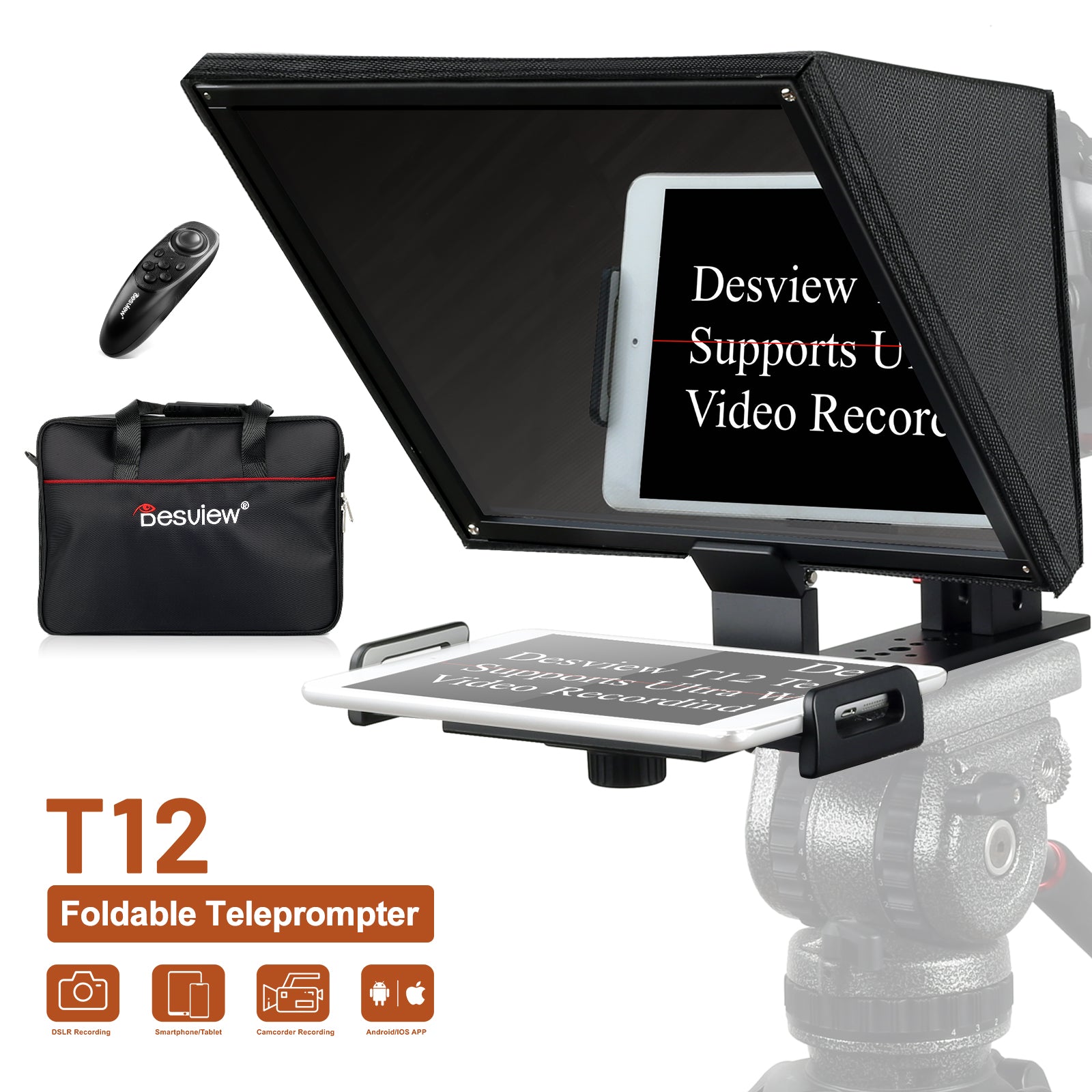 Desview T12 Teleprompter, 12.5 inch High Display Glass, Liftable Teleprompter with Remote Control, Metal Body, Compatible with DSLR/Camcorders/ipad, Easy Assembly with Carry Case for Video Making
